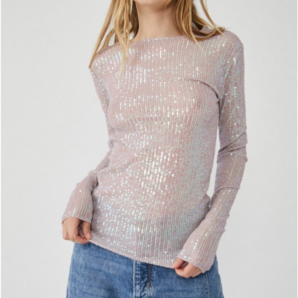 Free People Sequin gold rush Long Sleeve Top Pink small sparkle blouse festival